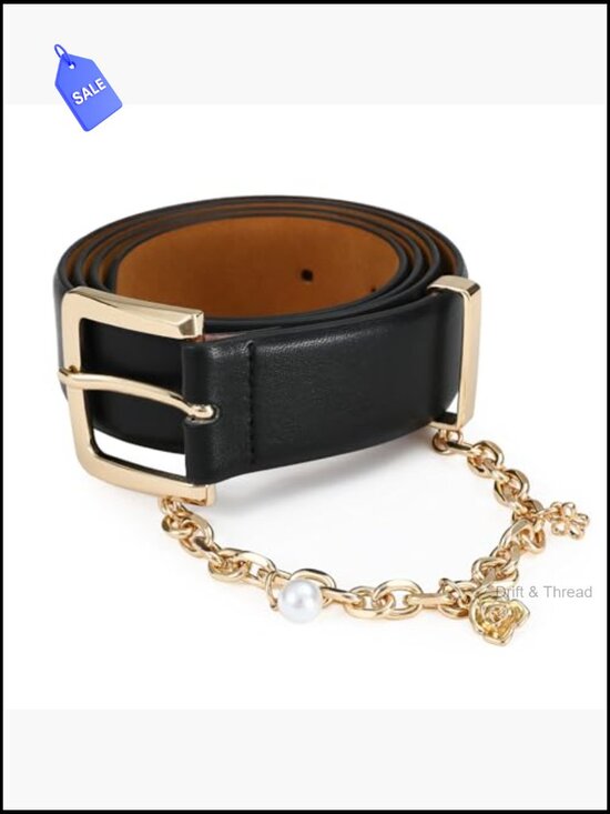 Genuine Leather Belt with Gold Buckle and Chain for Jeans Dress main image 5